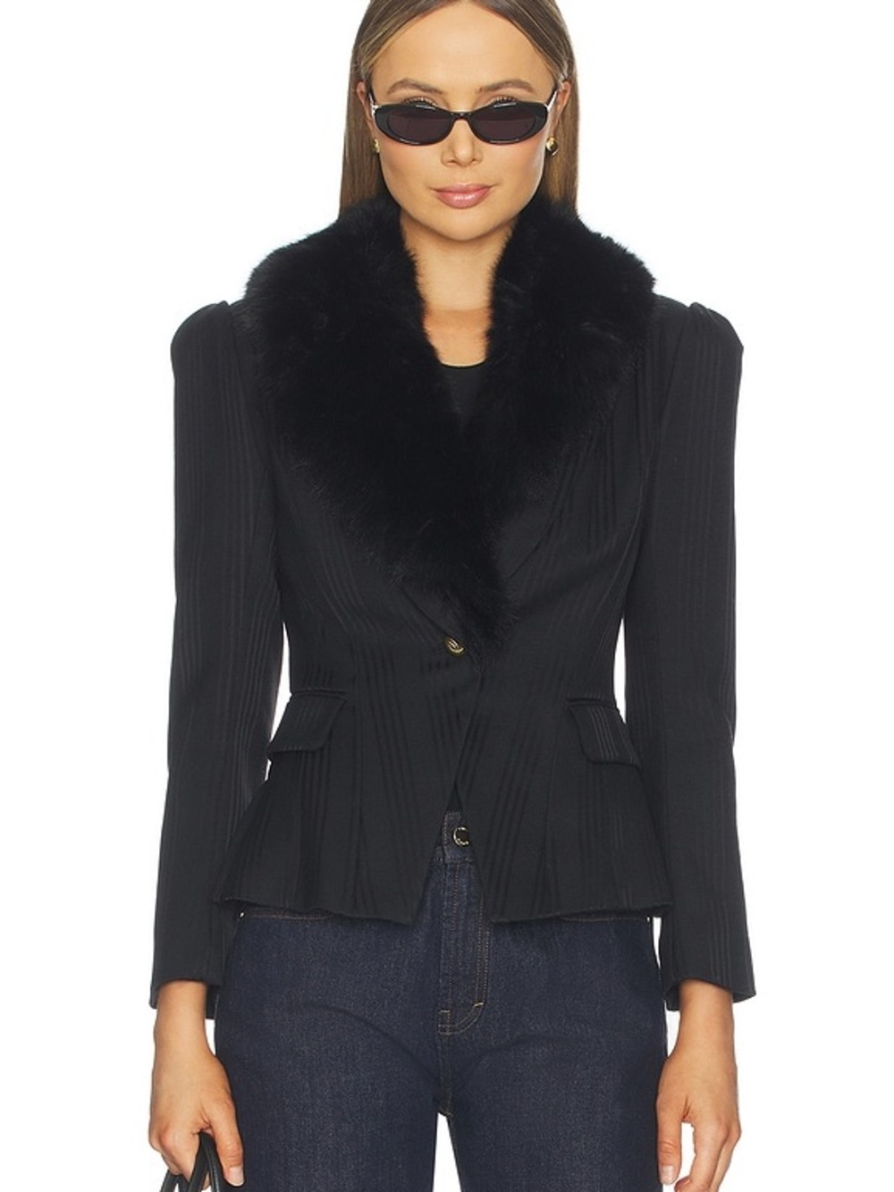 NWOT L'Agence Kaisley Fur Collar Coat in Black, Size US 0/2/4/6/8/10/12/14